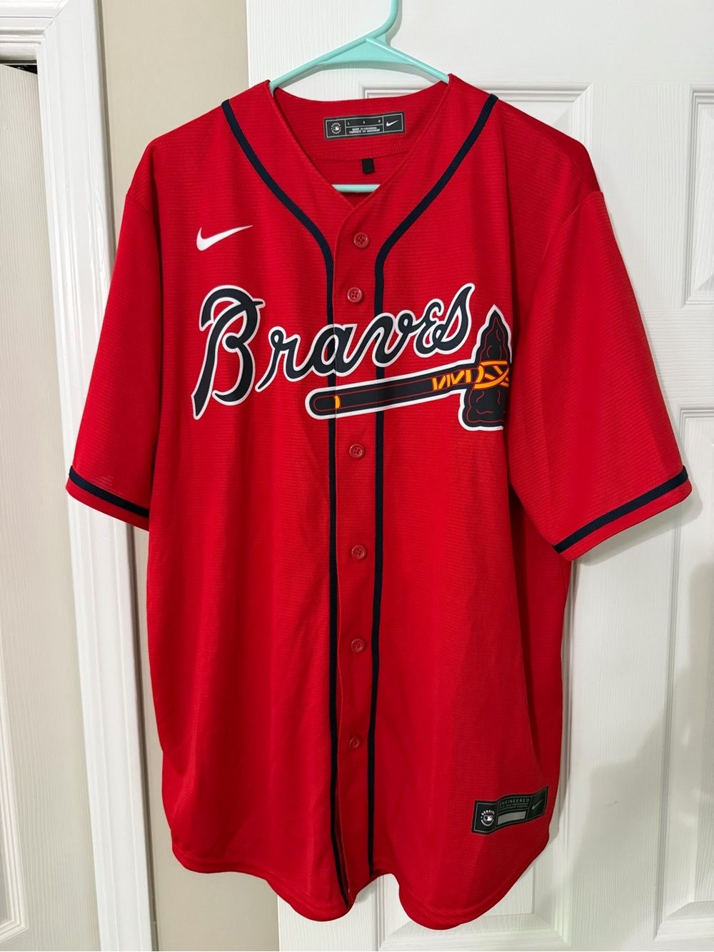 Nike Red Braves Button-Up Jersey with Navy Trim